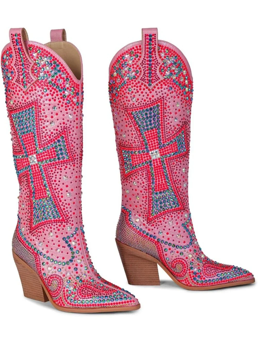Women's Multi Pink Crystal Cross Embellished Pointed Toe Sparkly Cowgirl Boots